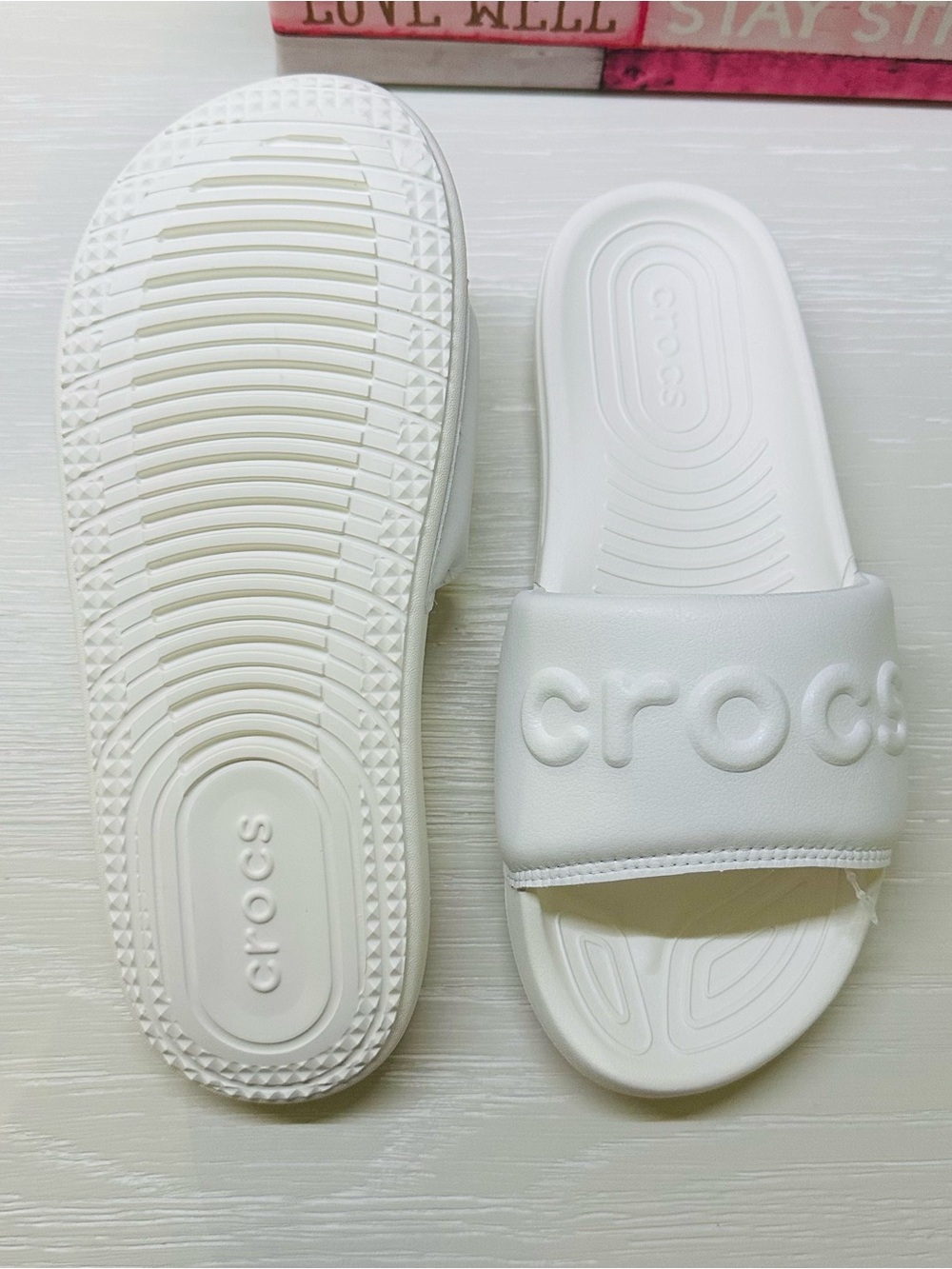 CROCS White Slide Sandals with Embossed Logo